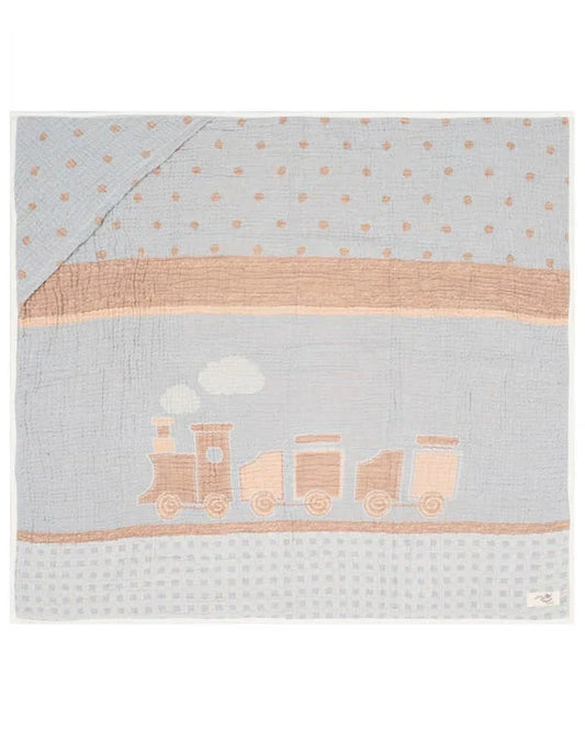 Choo-Choo Train Gauze Hooded Blanket Single
