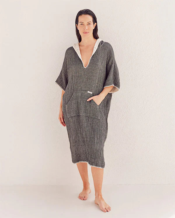 Falta Gauze Hooded Poncho - Black